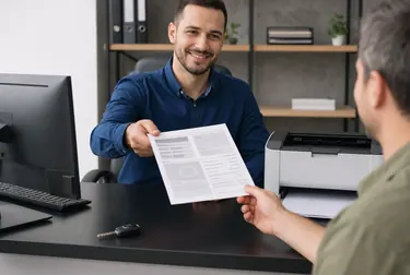 Profissionais segurando documentos após impressão do CRLV-e.