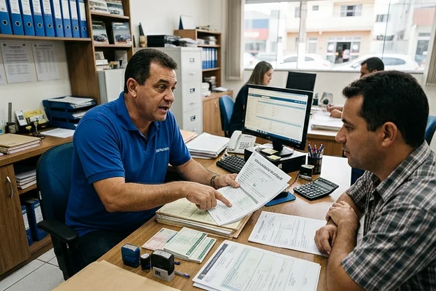 Profissional orientando cliente sobre regularização veicular.